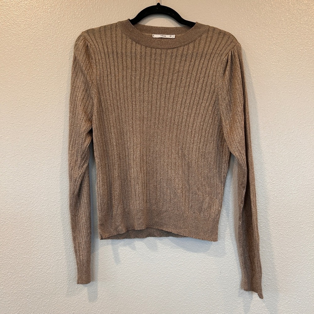 MNG Mango Bronze Metallic Ribbed‎ Knit Puff Shoulder Crew Neck Sweater Small